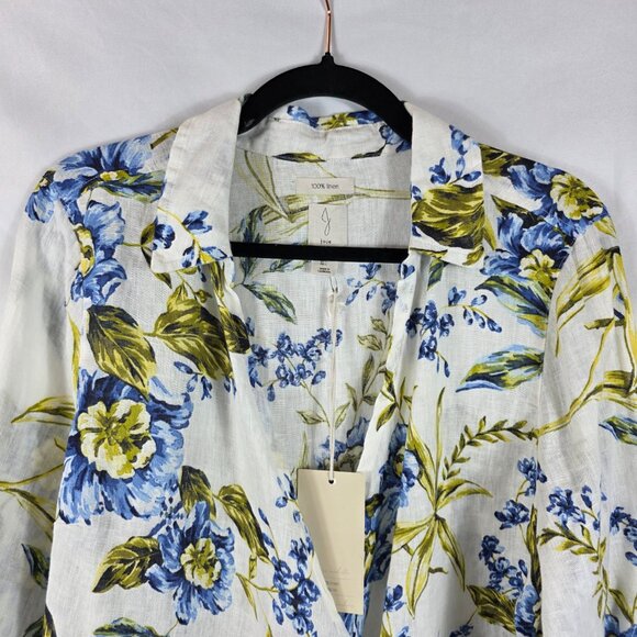 Joie Long Sleeve Linen Wrap Blouse Women's Size Large Ivory, Blue, Yellow Floral - Picture 2 of 12
